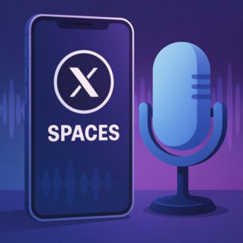 Illustrazione digitale di uno smartphone con logo X Spaces e microfono, simbolo delle conversazioni vocali live nel 2025 su X (ex Twitter)