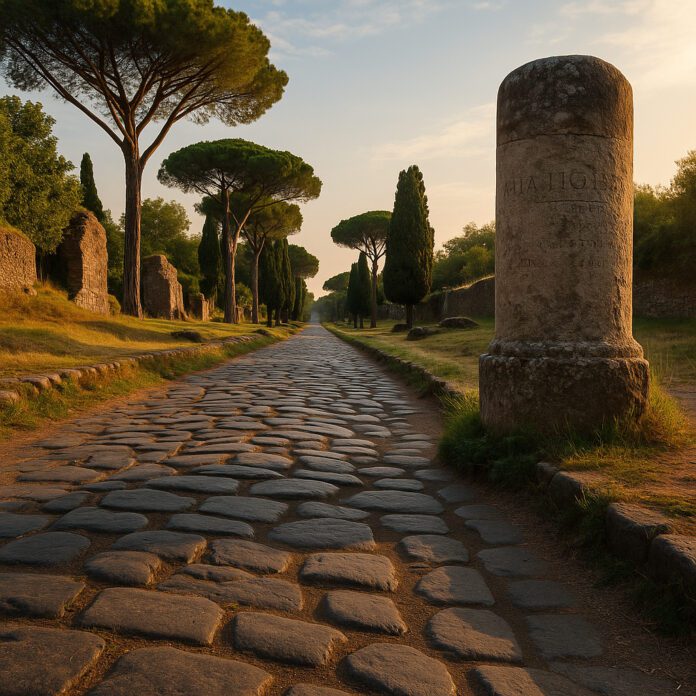 Antica strada romana della Via Appia perfettamente conservata, oggi alla base di molte autostrade italiane moderne.